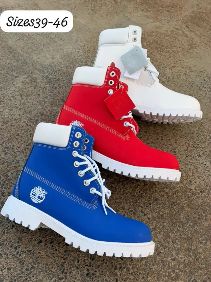 Timberland 6-inch boots – blue, red & white (sizes 39–46)